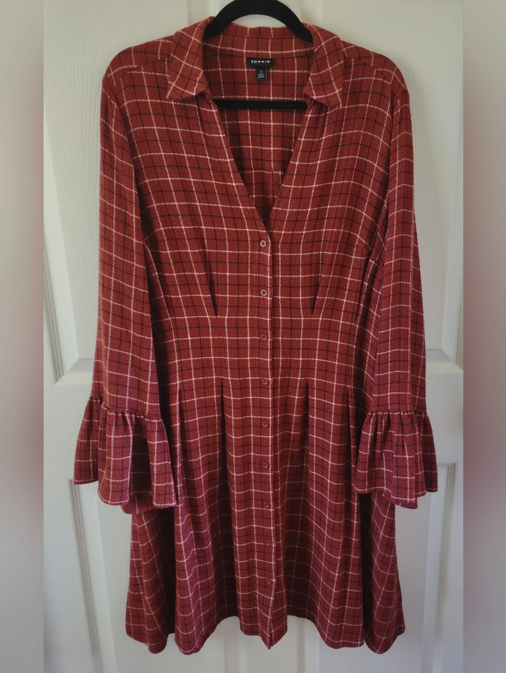 TORRID SIZE 1 / 1X Brown Plaid Gauze Long Bell Sleeve Mini Shirt Dress, Buttons - Picture 2 of 8